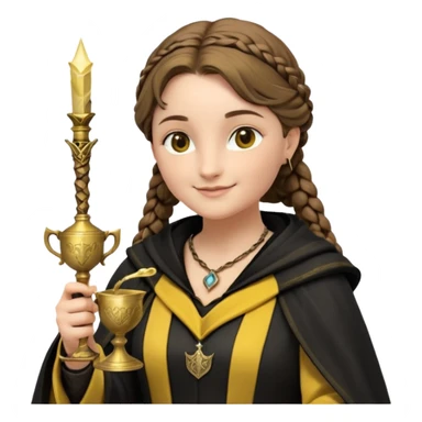 Helga Hufflepuff,the Hogwarts founder of Hufflepuff,brown-haired,2braids,yellow-black medieval dress with black cloak decorated with gold braiding,flickering magic wand and tiny two-handled shiny gold cup engraved with the badger silhouette,very kind smile,curvy busty sweet sticker