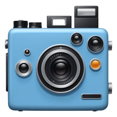 A hand-drawn doodle in a minimalist, cartoon style of a [vintage camera]. The object is white with thick, rough, black marker outlines and two small black dot eyes. It is a simple sketch with no realistic textures, centered on a solid [blue] circular background." sticker