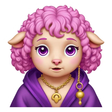Lamb character, cartoonish scenery in the art style of the game cult of the lamb, pink curly wool hair,purple robe with gold trim, bell necklace,  pink eyes, hearts (masterpiece), godly, divine,  chibi, crying_tears, crying sticker