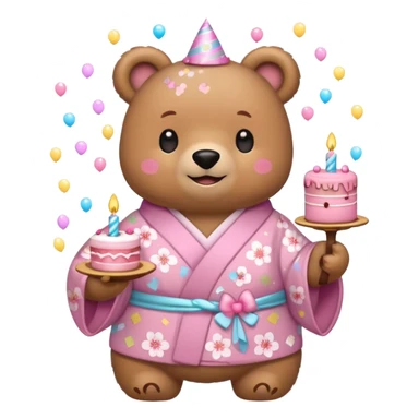 A cute light-brown bear wearing a pastel pink sakura-patterned kimono, normal balanced body ratio.  
Holding a small birthday cake with candles, smiling brightly with confetti and spark effects around.  
Kawaii emoji style, minimalistic clean sticker illustration, white background. sticker