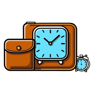 leather wallet next to an alarm clock sticker