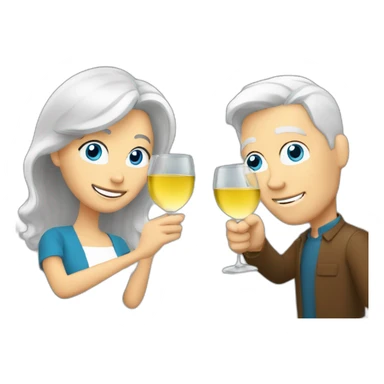 a white man with blue eyes and grey hair toasting with a white woman with brown eyes and blond hair toasting together with a white wine sticker