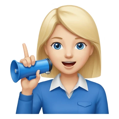 blue eyes blonde girl yelling into megaphone and holding up 1 finger in the other hand smiling sticker