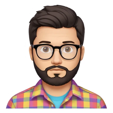 a 30-year-old man with light skin, medium solid build, wide face, soft cheeks, rounded jawline, neutral relaxed expression, short dense full beard, wavy voluminous brown-black hair at the front, large rectangular black thick frame glasses, colorful button-up shirt open showing white t-shirt sticker