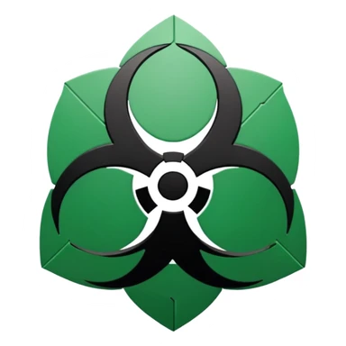 Minimalist emoji-style sticker of a fractured biohazard symbol with a small eye in the center. Stylized, geometric, no text.
 sticker