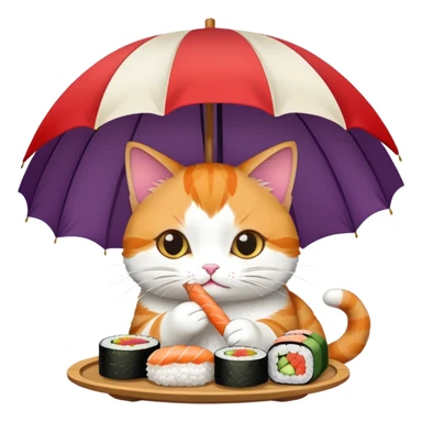 cat eating sushi under an umbrella sticker