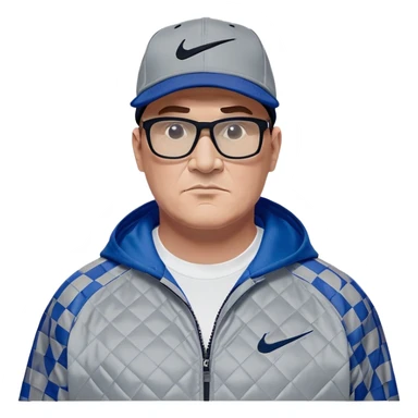 50-year-old heavyset man with very wide face and prominent square jawline wearing a black Nike baseball cap with visible Nike swoosh logo. Large dark square glasses. Serious-relaxed expression. Light gray jacket that fits his larger frame, white shirt with blue checkered pattern. sticker