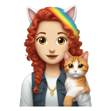 a white girl with long red curly hair in a pony tail with rainbow shirt does peace sign wearing cat ears one black other white sticker