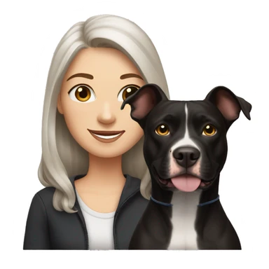 white woman with long brown hair and cat shaped eyes standing alongside a happy black pitbull  sticker