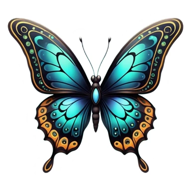 Dark, glowing, bio-luminescent butterfly, with intricate patterns, detailed markings sticker