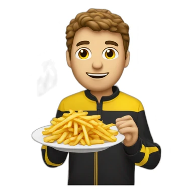 Belgian man with Belgium flag behind eating French fries and a waffle sticker