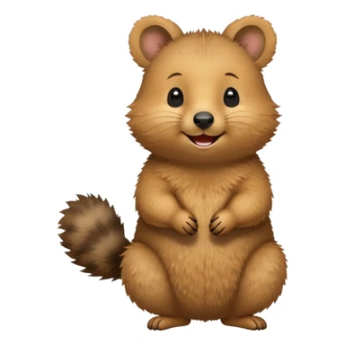 cinematic-quokka-realistic-full-body-standing on its hind legs hunched over-emoji,-small-round-frame-balanced-on-tiny-strong-hind-legs,giant fluffy cheeks large smile-fluffy-brown-fur-radiating-a-warm-softness,-big-round-eyes-filled-with-joy-and-innocence,-tiny-clawed-paws-held-close-to-chest,-cheerful-smile-exuding-endearing-happiness,-simplified-yet-realistic-focused-features,-highly-detailed,-glowing-with-a-sunny-warmth sticker