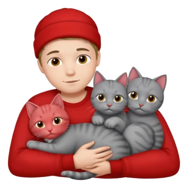 Make 20 gray cats cudling a kid that’s a boy wearing all red  sticker