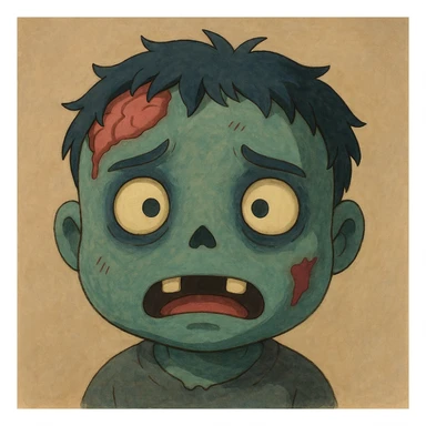 zombie face emoji, ghibli style, soft shading, cute and slightly creepy sticker