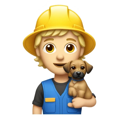 Blonde male Construction worker wearing a hat and blue work wear with small black curly dog on his arm sticker