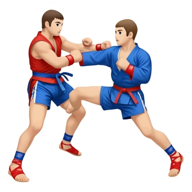 An icon symbolizing Sambo, featuring two fighters in blue and red kimonos with shorts and wrestling shoes. One executes a powerful throw, while the other attempts a defensive grab. The fighters are engaged in a grapple, using joint locks and sweeps.  sticker