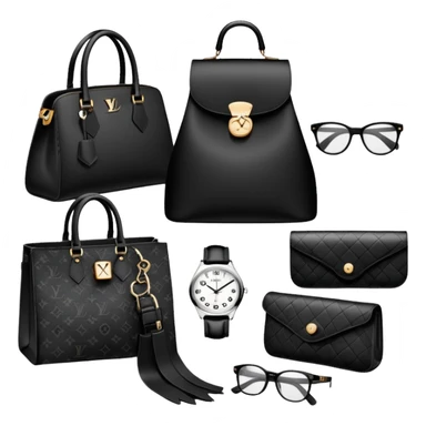 bags and watches, and glasses, all black and white put together like a bundle with no face, all luxury items like lv sticker
