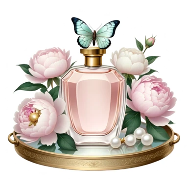 A dreamy still life of a vintage perfume bottle collection with golden embellishments, set on an antique silver tray, surrounded by lush white peonies and soft pink roses, with an iridescent pearl butterfly perched on a golden stopper.
 sticker