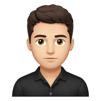 He’s a man with light to medium skin, a defined oval face, full brows, deep-set eyes, and wavy short dark brown tall hair styled with height, sides are trimmed. muscular. expression calm and focused relaxed black black button shirt open collar. polished, articulate, and coach vibe. tall hair tall  sticker