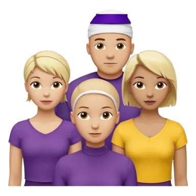 5 person team; 2 men and 3 women.  All dressed in yellow or purple.  1 caucasian woman with blonde mid length hair. 1 caucasian woman with blonde short length hair. 1 caucasian woman has ash blonde hair tied up. 1 man is African-american and bald, 1 man is caucasian and very little hair left.  
 sticker
