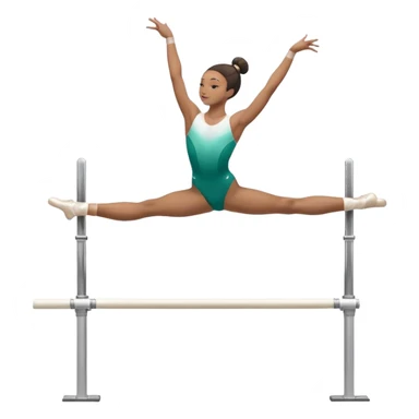 Professional gymnast performing a complex routine on parallel bars, demonstrating strength, control, and perfect balance. The gymnast is mid-air, executing a powerful move with focused concentration. The background shows a brightly lit gymnasium with a cheering audience. sticker