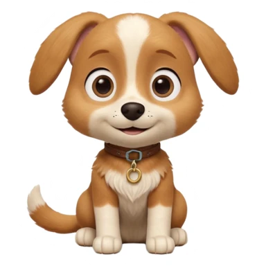 Boots the dog from Puss in Boots, Pixar / DreamWorks-style 3D render; cute, small dog with big round expressive eyes, floppy ears, and a sweet innocent smile; soft light-brown and cream fur with gentle texture; playful, loyal personality; polished animated-film quality;  sticker