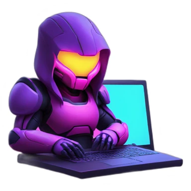Girl developer behind his laptop with this style : Nintendo Samus Video game neon glowing bright purple character pink black hooded hacker themed character sticker