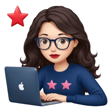a white young woman with very long wavy dark brown/chocolate hair typing in a computer. she's using glasses, her lips are light red and her cheeks slightly pink. Her eyes are dark brown. She's using a dark blue knit sweater that has a tiny star in the middle   sticker