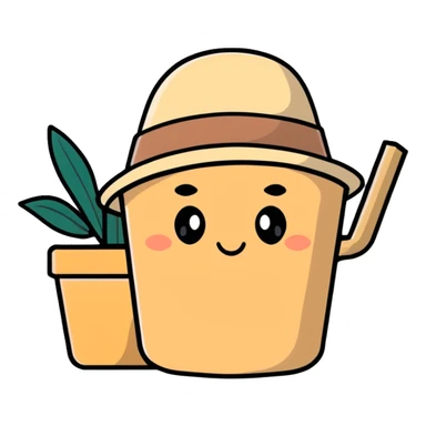 beige aesthetic coffee cup, journal, plant pot, and straw hat sticker