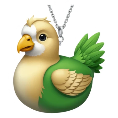un oiseau classique de profil tout vert avec un collier autour de son cou avec des breloque argentées et un seul poil blond qui fait une petite bouclette sur le front le collier est autour du coup de l’oiseau entre la tête et le corps sticker
