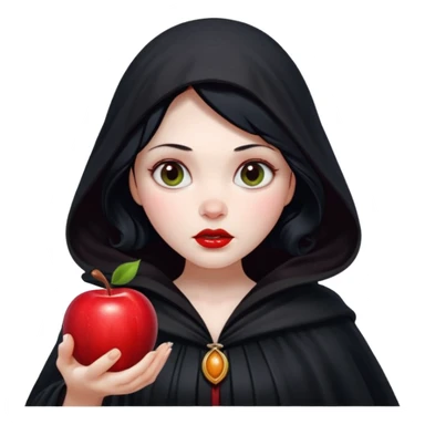 Snow White witch, classic fairytale villain, holding a red apple, dark cloak, mysterious expression sticker