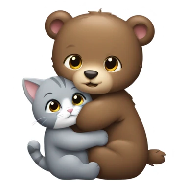 brown bear cub hugs gray cat sticker
