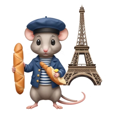 Rat wearing a beret and striped shirt holding a baguette with Eiffel Tower in background sticker