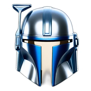 shiny silver king mandalorian helmet with blue sticker