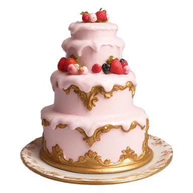 aesthetic vintage rococo cake with white icing, berries on a gold, pale pink, and white ceramic plate stand  sticker
