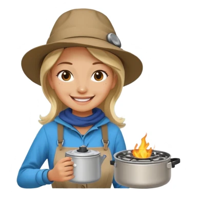A woman camper boiling water on a portable stove, enjoying the outdoor sticker