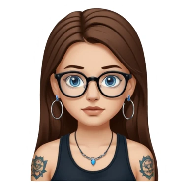 WHITE girl with long brown hair, part going more to the RIGHT side, BLUE eyes, wearing BLACK rectangle plastic frame glasses. SEPTUM nose piercing hoop (at bottom of nose) AND stud nose piercing on right side of nose. Wearing BLACK tank top. Arm tattoos. Hoop earrings sticker