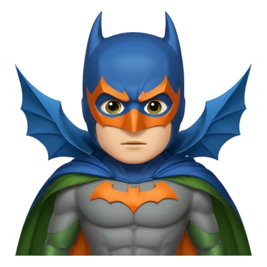 batman emoji with the mask in blue, wings in orange and cloak in green sticker
