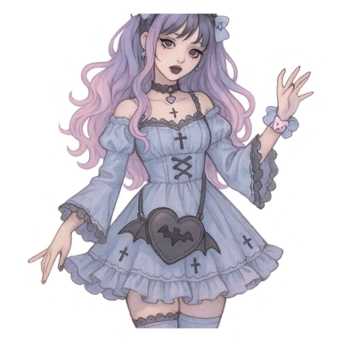 gothic K-pop girl, dreamy pastel goth style, soft colors with gothic details, whimsical pose, cute accessories sticker