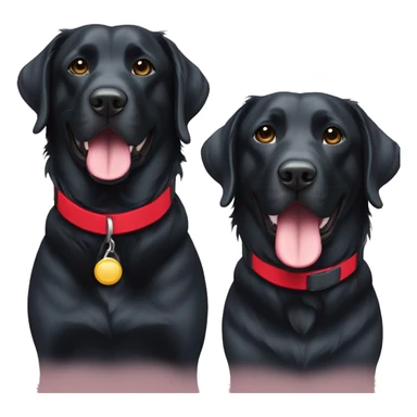 2 happy adult black labradors side by side, bigger one with red collar, other with light blue collar sticker