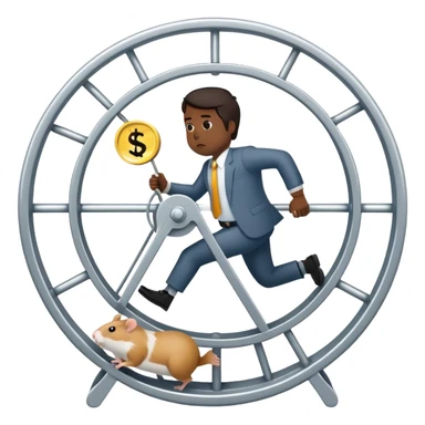 Create an emoji of a tired, overworked entrepreneur running on a hamster wheel, chasing a floating dollar sign or a bag of money. The character has dark circles under their eyes, looks exhausted, and appears stuck in an endless cycle. The hamster wheel represents constant struggle, while the money is always just out of reach. The style should be clean and easily recognizable as an emoji

 sticker