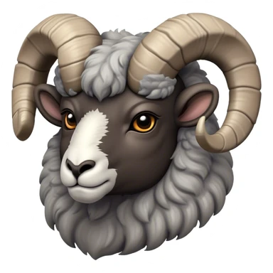 Cinematic Noble Ram Portrait Emoji, Poised and regal, with a sturdy, powerful build and a thick, woolly grey fur adorned with impressively curled horns, deep-set soulful dark eyes, Simplified yet sharp and sophisticated features, highly detailed, glowing with a soft, dignified glow, high shine, intelligent and commanding, stylized with an air of rugged majesty, focused and attentive, soft glowing outline, capturing the essence of a watchful and confident ram, so majestic it feels as though it could charge out of the screen with effortless authority! sticker