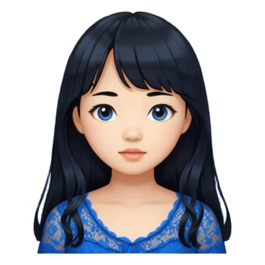 Long hair asian girl with curtain bangs with a blue lace top on with GG written sticker