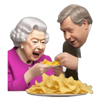 Queen Elizabeth II eating chips and gravy with Russell grant sticker