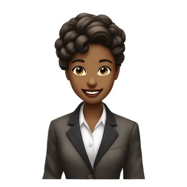 Una chica joven trigueña, con labios definidos y una ligera sonrisa sin mostrar los dientes. Su cabello marrón oscuro está recogido en un moño bajo. Lleva un blazer blanco, elegante y de diseñador, y sostiene una paleta de colores en una mano.  sticker