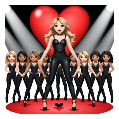 Sabrina carpenter singing at concert wearing a black sparkle jumpsuit and black hyper sparkle heels. She is standing in the center stage part that is in the shape of a red heart and it extends from the main stage, with a group of dancers surrounding her  sticker