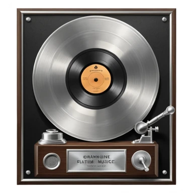 A platinum music award plaque: a square, polished platinum plate with a subtly textured, mirror-like finish, mounted on a simple dark wood base. The center features a relief of a vintage gramophone or stylized vinyl record in a slightly darker metallic tone.  sticker