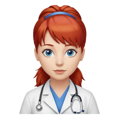 female doctor with red hair in a ponytail, blue eyes, and bangs sticker