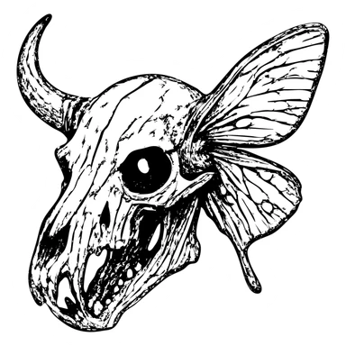 detailed red line art of nightmarish minotaur-stoat hybrid skull with fractured horn and sinister glowing eye, detailed deteriorating moth wings, extensive weathering with deliberately missing pieces, scratched surfaces, and worn edges, twisted asymmetrical features, complex textures, some hollow/transparent sections, 100% red horror imagery sticker