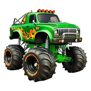 Grave Digger - Monster Jam (Model Year: 2022) (Iconic colour: Green with flames) - A legendary monster truck with a fearsome design: predominantly deep green with dynamic, vibrant flame graphics in bright orange and yellow. Highlight its rough, edgy bodywork and an aura of untamed rebellion. sticker